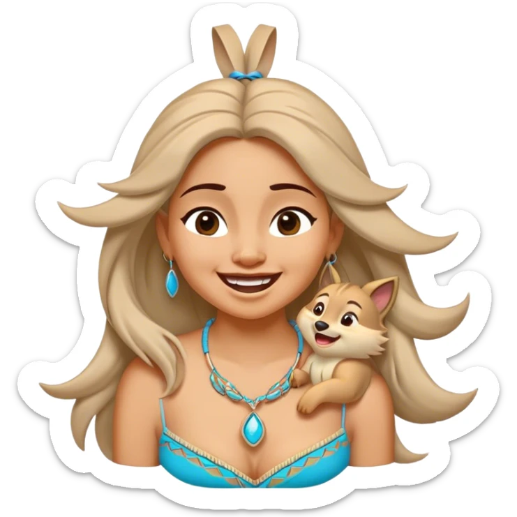 Cinematic Adorable Pocahontas Portrait Emoji, Laughing softly as Meeko tugs at her necklace, hair tousled in the wind, eyes full of warmth, a carefree spirit shining through, capturing the essence of beauty and playfulness! sticker