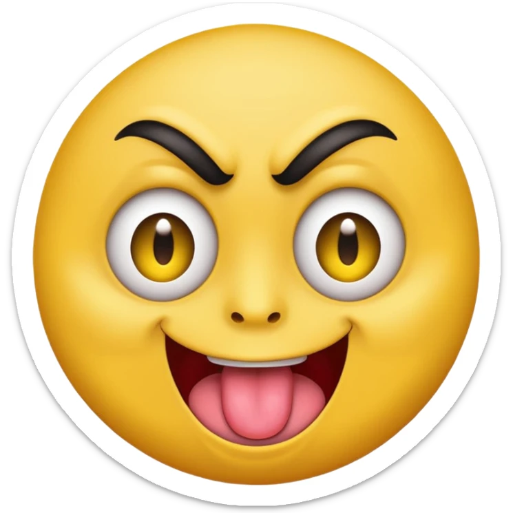 A yellow round face emoji smirking with its tounge out but the eyes are evil and kind of crazy and the eyebrows are turned in but one is raised  sticker
