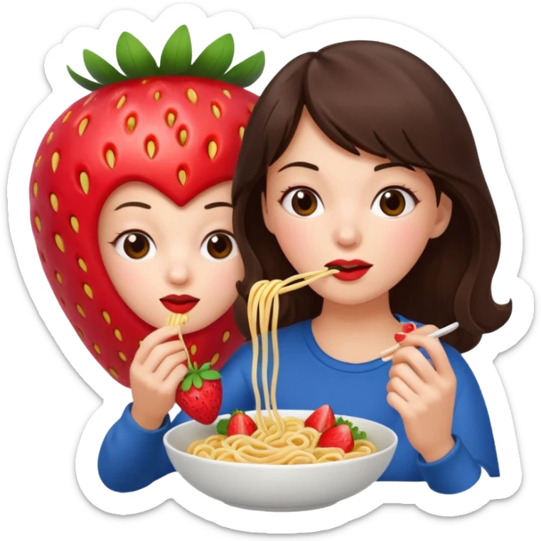 A brunette woman eating noodles next to a giant strawberry sticker