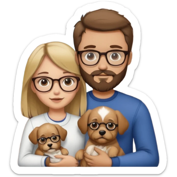 brown haired bearded man wearing glasses with a blond girl holding a puppy with a front door behind them sticker