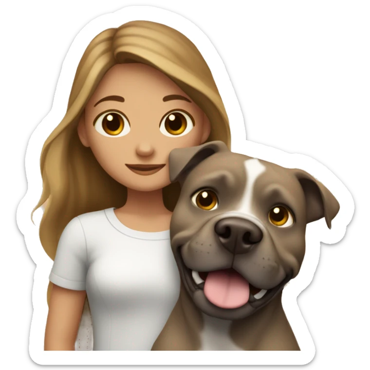 a girl with dark blond long hair with gray eyes hugging a brown pit bull dog sticker