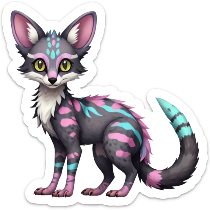 Feral Rare Fantasy dark colorful pastel vibrant tropical Vernid-Sergal-Genet-Trico-species by LiLaiRa, random markings, tufted tail, tufted ears, full body sticker