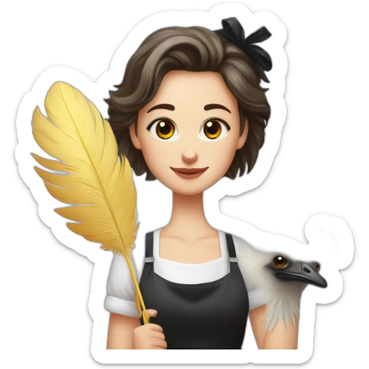 Slavic girl in a white T-shirt and a black apron holds ostrich feathers for dusting sticker