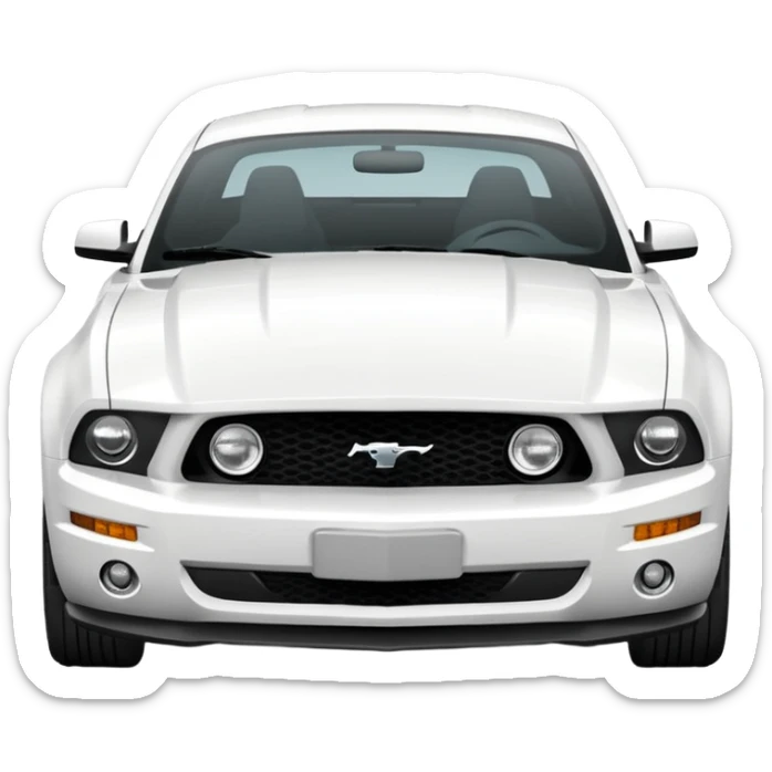 Make a 2013 mustang with a familiar look of an iPhone emoji and make the emoji have a front view of the Mustang and make the Mustang be white sticker