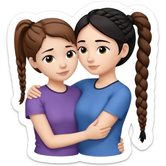 Comforting Hug two white skin women, one shorter woman with brown hair in simple top ponytail, not braided, and one taller woman with black hair in long side braid sticker