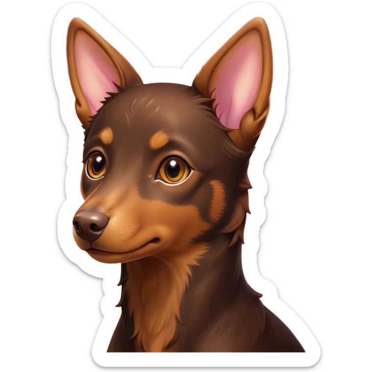 Cinematic Cute Brown and Tan Kelpie Portrait Emoji, Head tilted playfully and inquisitively, featuring a glossy brown Fur with vibrant tan accents, round, sparkling warm eyes filled with curiosity, Simplified yet irresistibly adorable features, highly detailed, glowing with a warm, friendly glow, high shine, affectionate and spirited, stylized with a touch of whimsy, bright and endearing, soft glowing outline, capturing the essence of a mischievous yet loving herder, so playful it feels like it could leap out of the screen and into your arms! sticker
