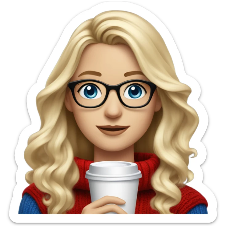 Blonde balayage long hair white women red sweater blue eyes and small glasses holding coffee sticker