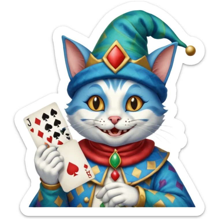 crazy colorful cute little cat jolly joker from poker, medieval, vintage, court jester, mac os icon, blue color, holds a single poker card on the right paw sticker