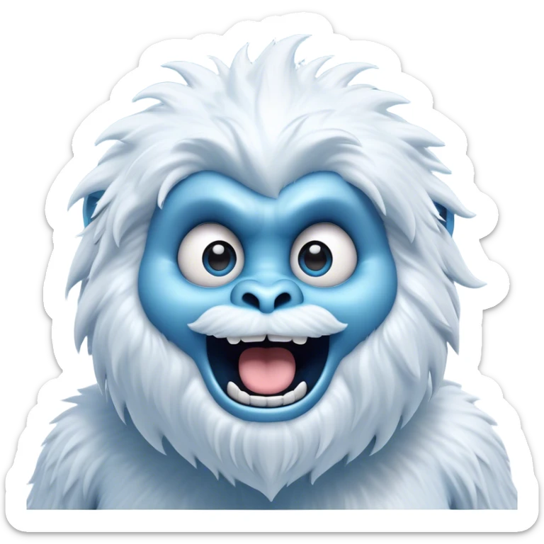 Cinematic Comical Yeti Portrait Emoji, with a cartoonishly exaggerated, fluffy figure in cool, frosty whites and icy blues, head tilted in an overly surprised expression with wide, comically sparkling eyes and a quirky, open-mouthed grin, simplified yet hilariously detailed, glowing with a soft frosty outline capturing the meme-worthy fun of a yeti in playful shock! sticker