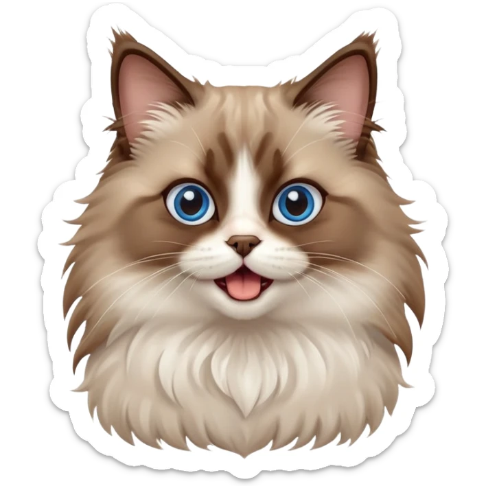 cinematic-adorable-big-eyed-fluffy-brown ragdoll-cat-portrait-emoji,-head-tilted-playfully-with-a-cute,-yawn,-soft-brown-and white-colored-fur-with-darker-points-on-the-ears,-simplified-yet-irresistibly-cute-features, sparkling blue eyes sticker