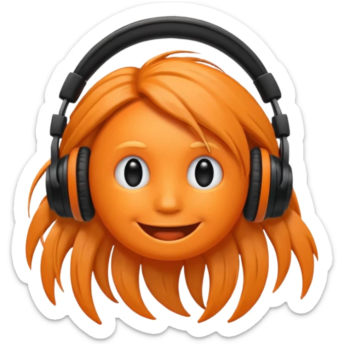 Orange happy face emoji with a couple of hair,headphones,and antennas. sticker