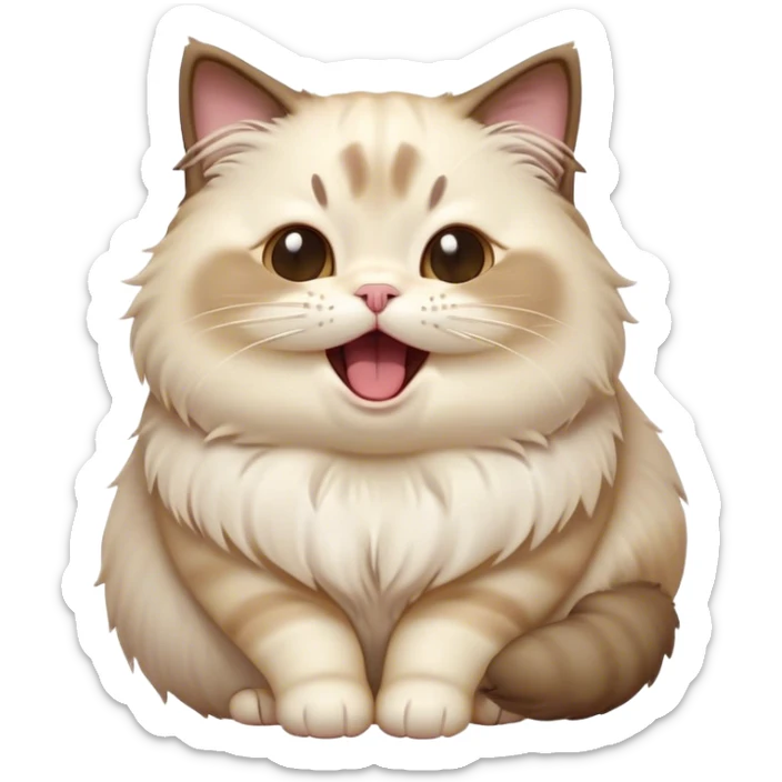 Cinematic Cute Chubby Ragdoll Cat Portrait Emoji, Head tilted playfully and yawning, round and plump body with soft, silky fur in a mix of light and darker points, Simplified yet adorable features, highly detailed, glowing with a warm, friendly glow, high shine, curious yet calm, stylized with a touch of whimsy, bright and endearing, soft glowing outline, capturing the essence of a mischievous yet loving and lazy kitty, so cute it feels like it could stretch out of the screen and cuddle! sticker