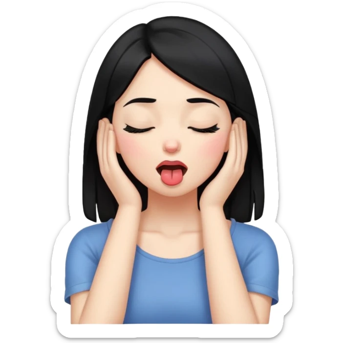 make a girl with black hair have her hands on her neck, eyes closed, tongue out sticker
