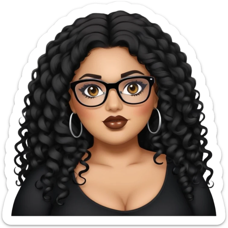 big plus size, latina, darker tan skin, long black curly hair, baddie,pretty, makeup, lipgloss, black eyeliner, long hair, black top, black glasses sticker