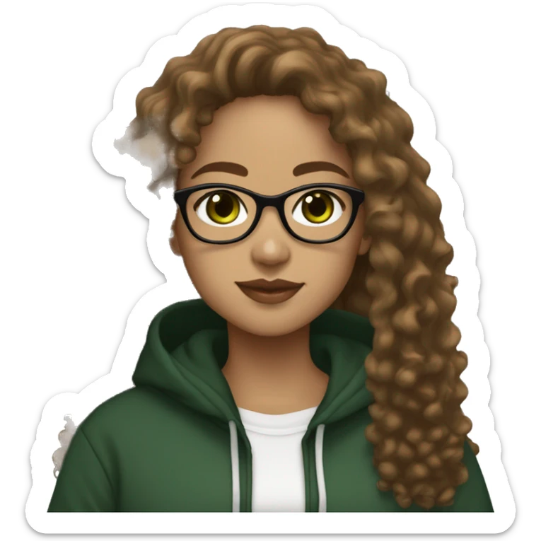 Lightskin girl with dark green eyes and light brown long curly hair with a black hoodie and wit skinny framed white glasses sticker