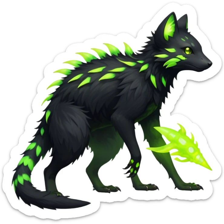 Rare realistic black edgy toxic radioactive-themed black fur with neon-lime-green-glowing  epic handsome gorgeous aesthetic vibrant Vernid-Trico-species-Fakemon-creature by LiLaiRa, 4 legs, 1 tail, random markings, (full body) sticker