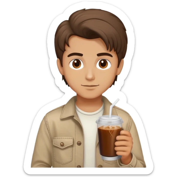Turkish beautiful finish Konya boy good hair and brown eyes with beige denim clothes and had on his hand hazelnut Cold brew coffee   sticker