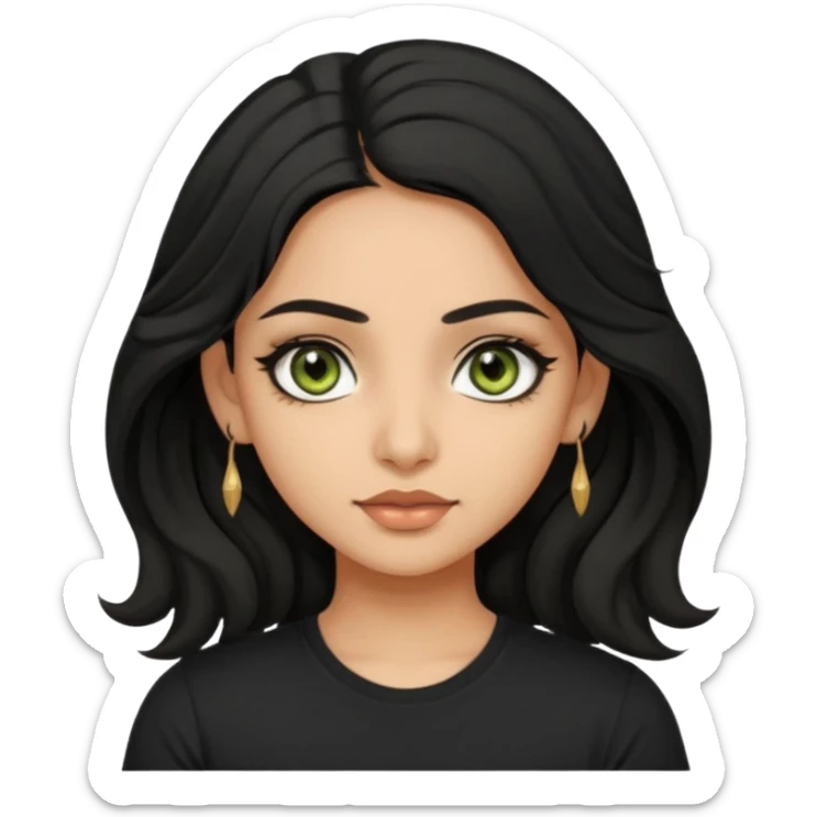a pretty FAIR indian bratz girl with wavy black hair, wearing a black tshirt. eyeliner on, olive green eyes.  sticker