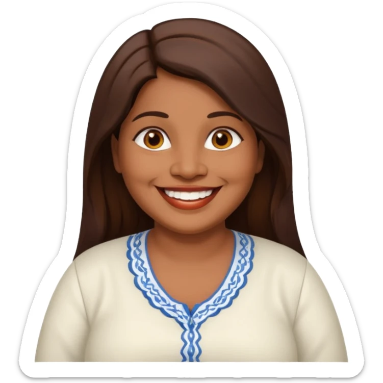 50 yr old chubby Sri Lankan woman, dark skin, straight brown hair, big smile, white teeth, european clothes, longer hair sticker