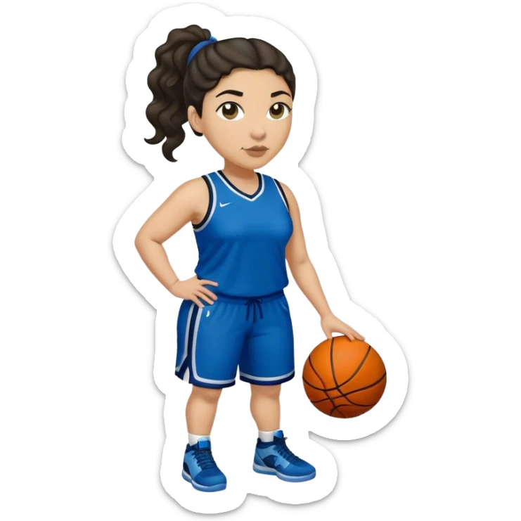 full body plus size light skin latino women basketball player with wavy dark hair in pony tail wide nose wearing blue uniform with green accent sticker