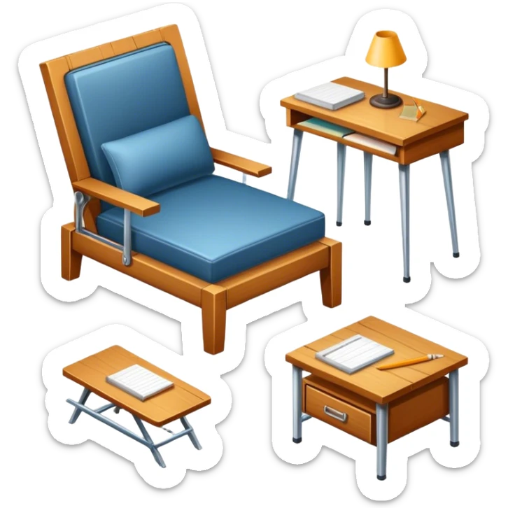 Icon for Furniture Design: a furniture drawing with 3D models of furniture pieces placed on top, accompanied by rulers and a pencil. The icon should represent the design process with focus on precision and modeling. Transparent background. sticker