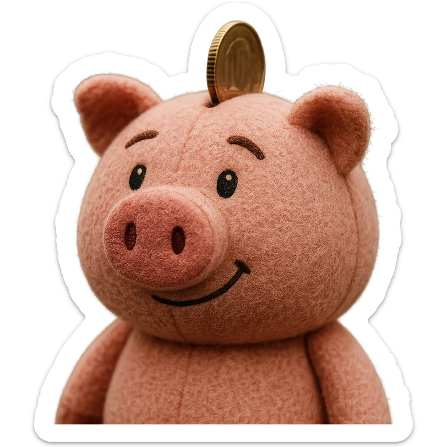 pink piggy bank with a coin, 3d cartoon, plushy texture sticker