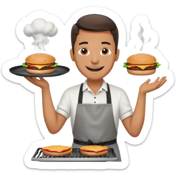 A cheerful man in an apron flipping burgers on a sizzling grill with smoke puffing upward. sticker