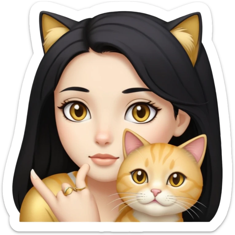 long black hair girl with dark eyes with light gold cat sticker