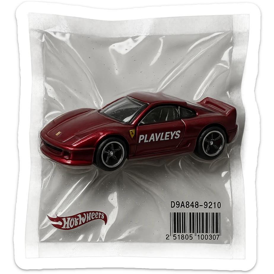 burgundy Hot Wheels Ferrari toy car with 'PLAVLEYS' lettering on the body, shiny and inflated, vacuum-sealed style sticker