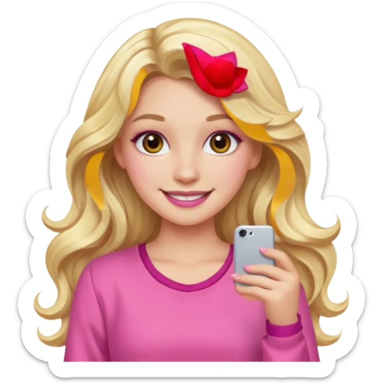 blonde girl, long wavy hair, pink clothes, trendy heavy makeup, smiling sticker