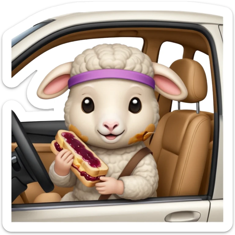cute baby sheep eating peanut butter and jelly driving in a bmw x1, holding a peanut butter and jelly in hand sticker