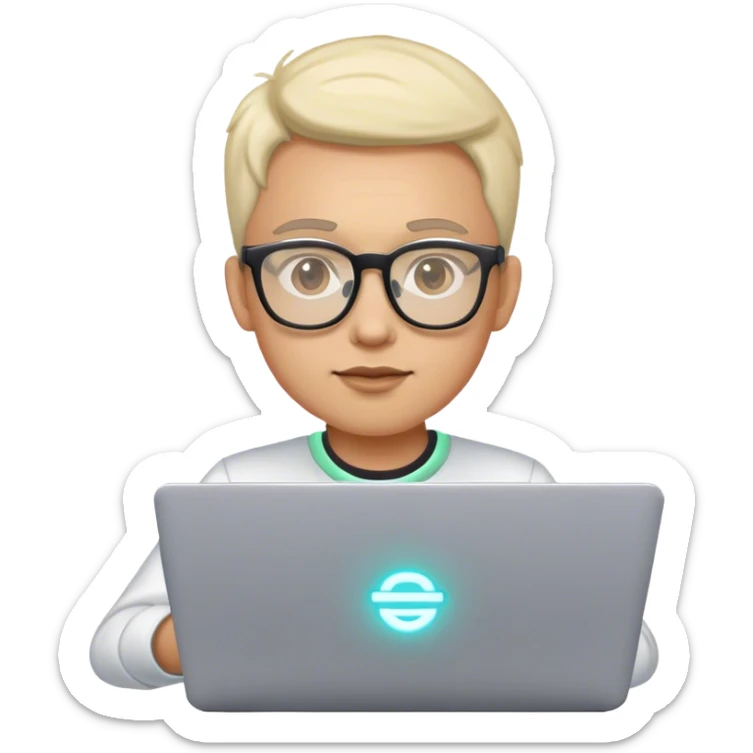 An emoji of a person with a laptop wearing glasses and with a slight neon glow sticker