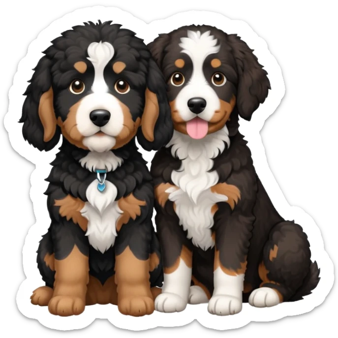 2 dogs, one is a light brown Aussie doodle. the other is a All black Berenedoodle with white eyebrows . Make both same size sticker