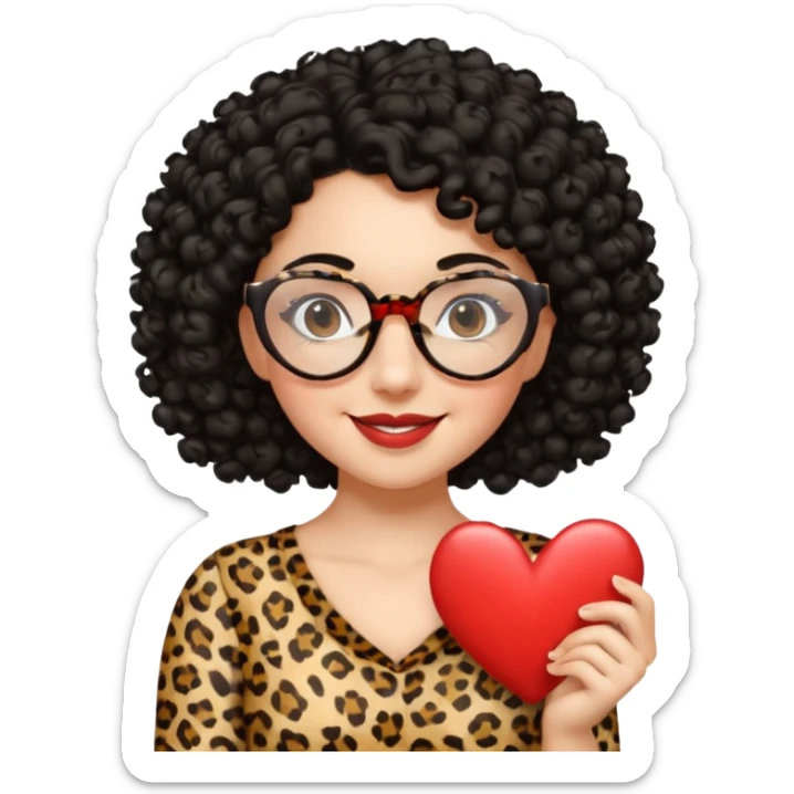 A women with a black curly hair and heart glasses, leopard print dress sticker
