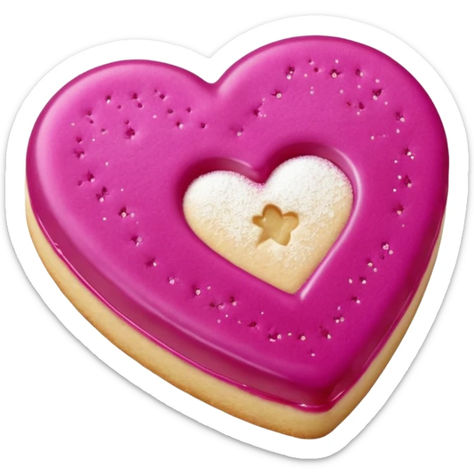 Realistic shortbread cookie in the shape of a heart with Fuchsia color jelly middle filling and sprinkled powder sugar on top. sticker