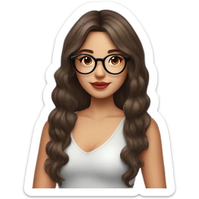 Brunette girl with circle glasses and long wolf cut hair and strawberry hat sticker