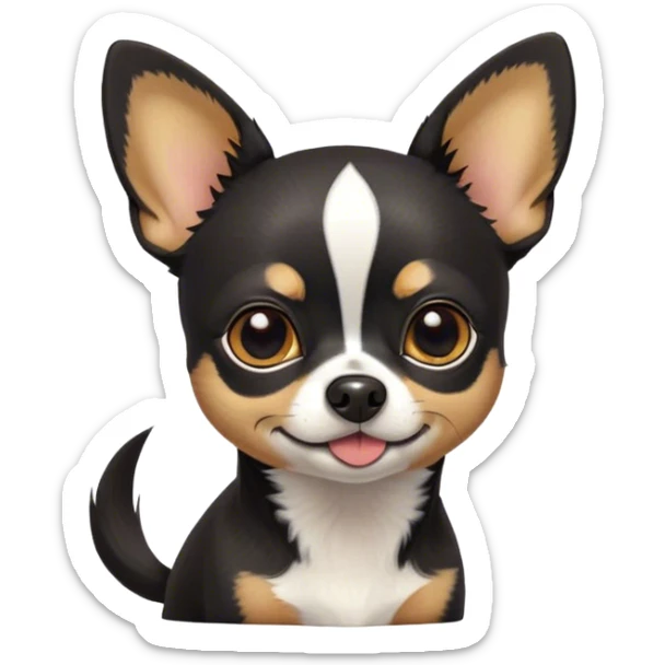Cinematic Cute Black Tri Short Haired Chihuahua Portrait Emoji, Head tilted playfully and inquisitively, sleek black tri-color fur with bold patches of white and tan, round, sparkling dark eyes filled with curiosity, Simplified yet irresistibly adorable features, highly detailed, glowing with a warm, friendly glow, high shine, affectionate and lively, stylized with a touch of whimsy, bright and endearing, soft glowing outline, capturing the essence of a mischievous yet loving pup, so playful it feels like it could bound out of the screen and into your arms! sticker