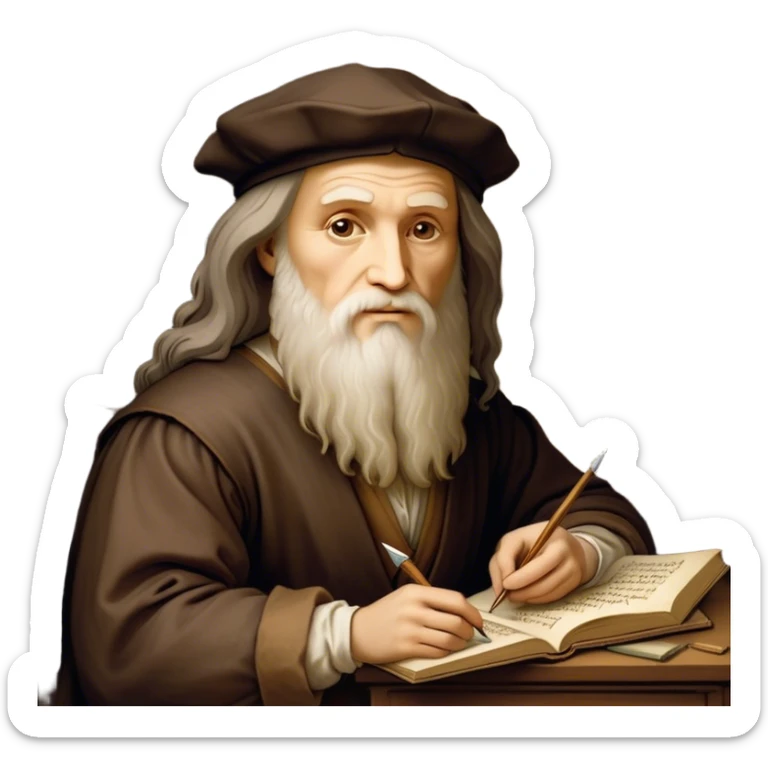 Cinematic Realistic Leonardo da Vinci Portrait Emoji, depicted as the quintessential Renaissance polymath with deep, thoughtful eyes, a flowing beard, and a quill or sketchbook in hand. The scene is illuminated with warm, classical lighting, evoking the atmosphere of a master artist’s workshop, surrounded by early sketches of inventions and masterpieces like the Mona Lisa. sticker