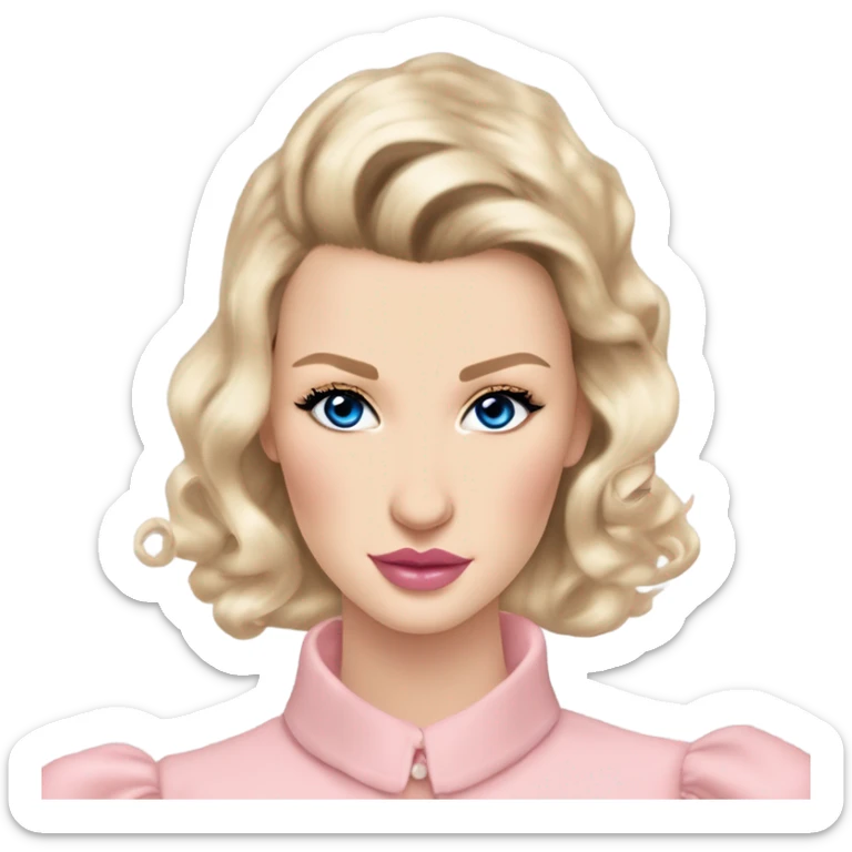 girl blonde hair pale skin blue eyes. Pink lips blush Smokey eye skinny nose small Bella hadid upturned eyes (but not too much). Vintage blowout with long hair not too curly.  light pink dress, puffed sleeves, dainty choker necklace.  sticker