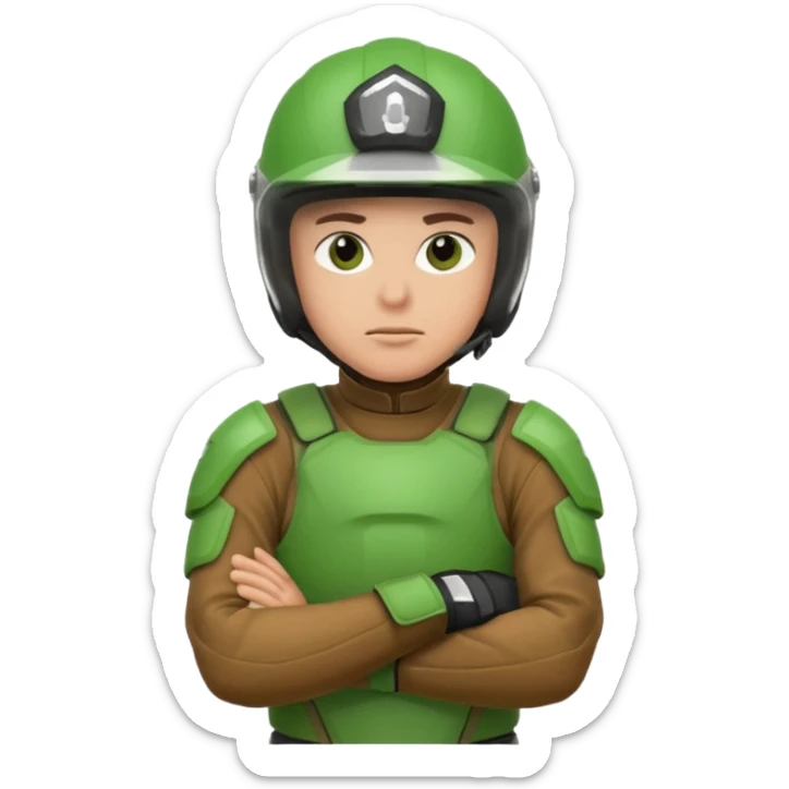 dirtbike rider in green gear with arms crossed, and thinking sticker