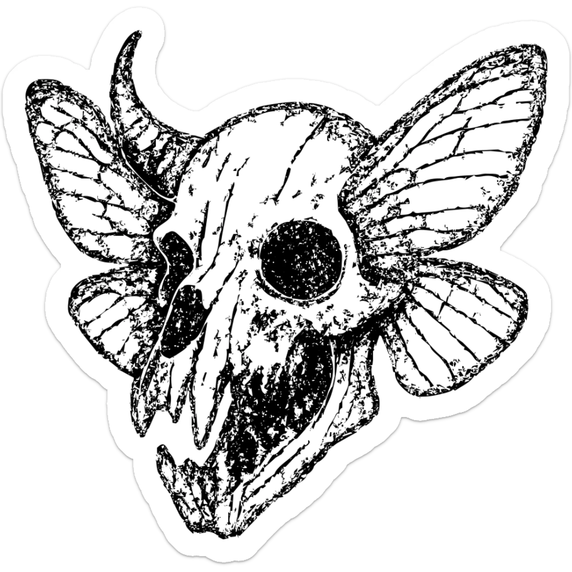 detailed but heavily distressed red line art of twisted minotaur-stoat skull hybrid with broken horn and glaring eye, intricate deteriorating moth wings, complex bone textures, asymmetrical features, extensive weathering with scratches and eroded sections, some transparent areas amid detailed horror elements, unnerving and ancient appearance, 100% red sticker