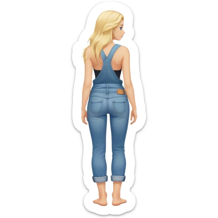 Barefoot blonde long haired girl in rolled up denim jeans with with tank top right hand in back pocket from the back sticker