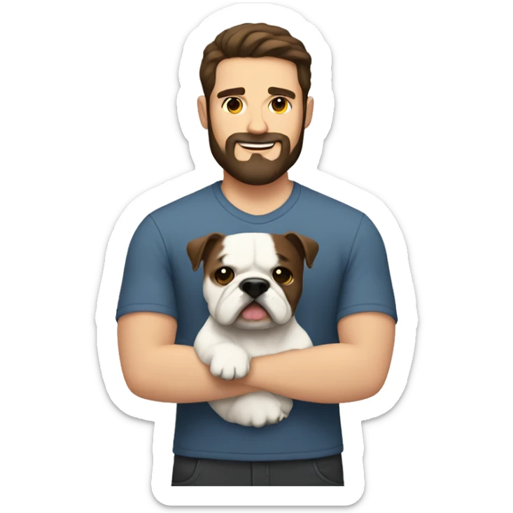 White man with dark brown hair and dark brown beard holding white bulldog  sticker