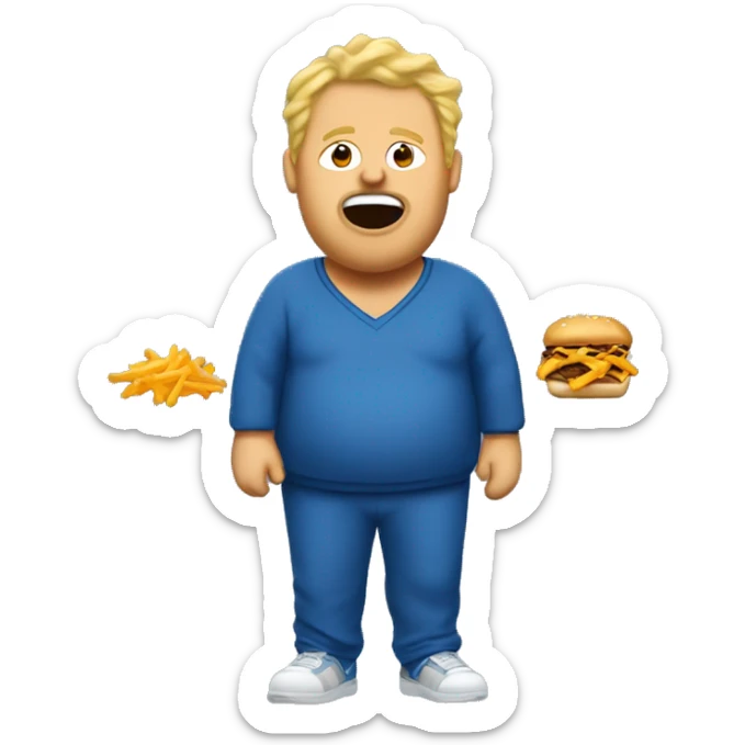fat blonde man in dirty blue sweatsuit with chili cheese fries in his mouth sticker