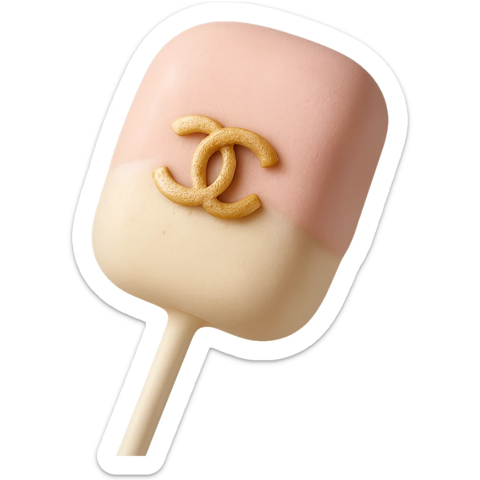 pastel Chanel cake pop, with a gold logo accent sticker