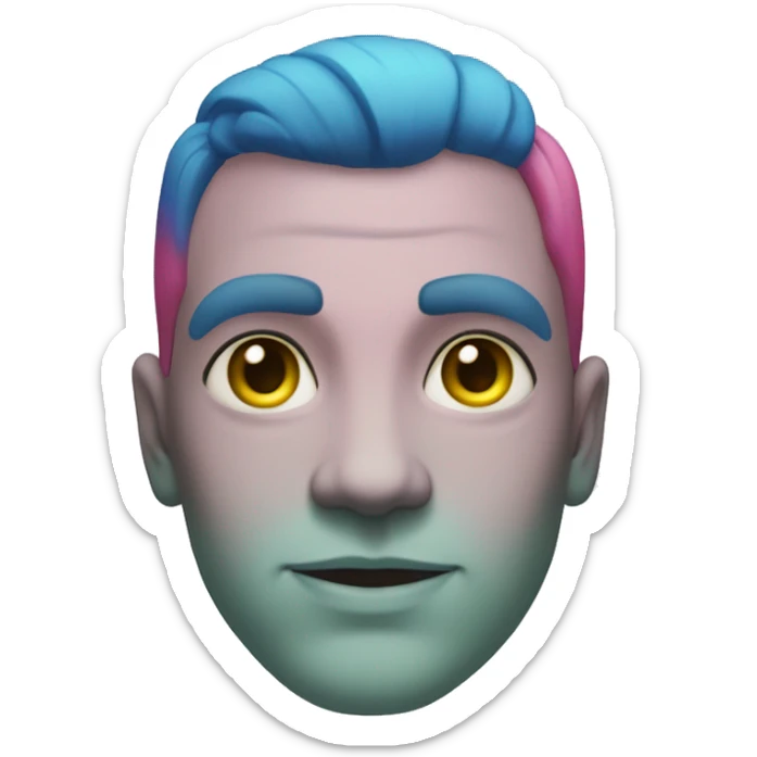 Very light green skin, yellow-blue eyes. Dark pink hair. A blue line tattoo extending from the beginning of the forehead and ending at the nose, three blue lines extending in an arc from above his eyes to below his cheeks on all sides of the face. sticker