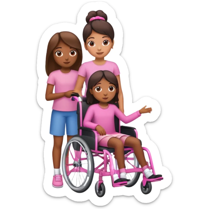 One tan skin sister standing behind her brown skin sister in a pink wheelchair sticker