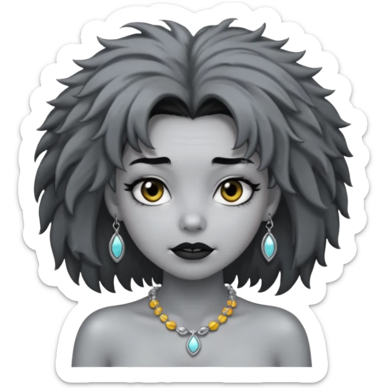 Female with very big Silver Necklace, grey skin,Black full fuzzy hair, more bright silver,highlight necklace, different expressions. sticker