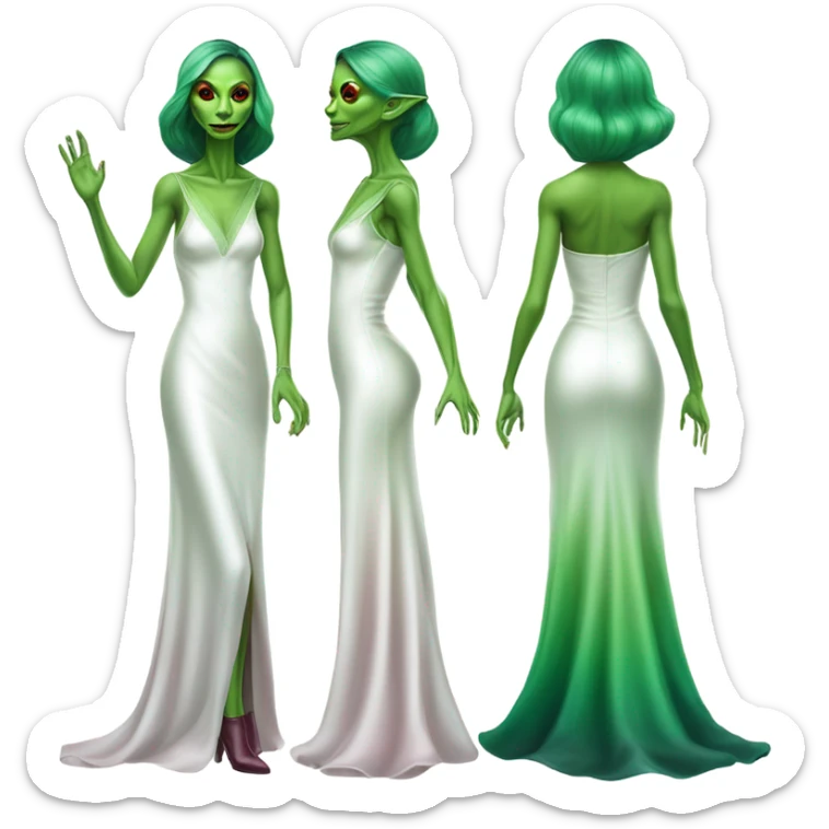 reptilian green alien woman, in( long slim pastel color:#FFFFFF formal party satin dress with gradient shiny sparkling dark red), full figure, full body sticker