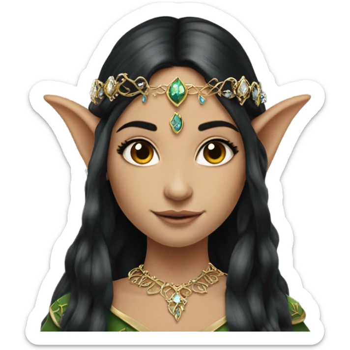 elf princess with pointy ears, white skin, black hair with jewellery,  sticker